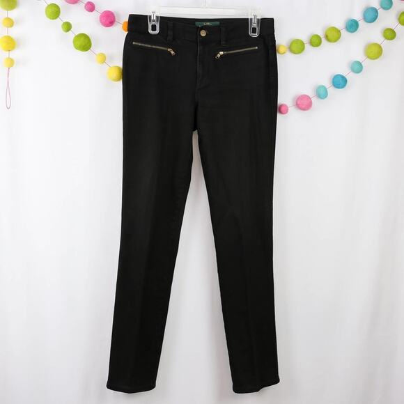 Lauren Ralph Lauren Black Moto Straight Leg Mid Rise Denim Jeans Sz 4 Zip Pocket - Picture 1 of 3